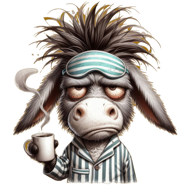 Grummeliger Morgen-Esel – Lustiges Bügelbild für Kaffeeliebhaber. Wir drucken sie pressen