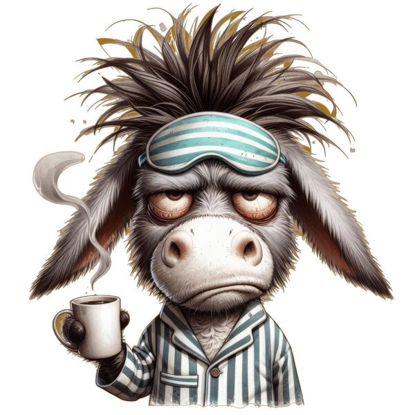 Grummeliger Morgen-Esel – Lustiges Bügelbild für Kaffeeliebhaber. Wir drucken sie pressen