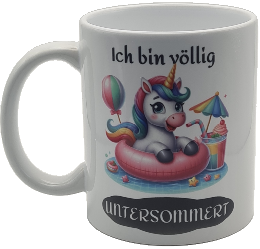 Produkt-Titel: Lustige Tasse „Ich bin völlig untersommert“ – Süßes Einhorn im Pool – 330ml Keramik (Orca Coating)