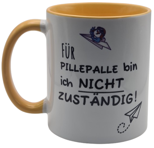 Tasse "Für Pillepalle bin ich nicht zuständig" – Lustige Bürotasse mit Spruch (330 ml, Gelb/Weiß)